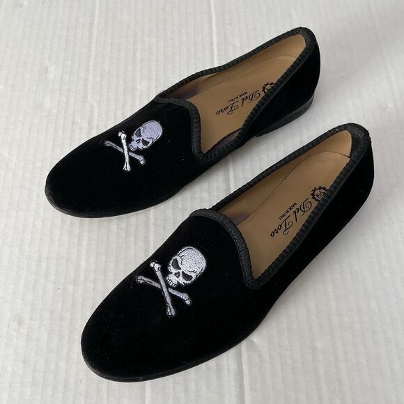 Del Toro Black Velvet Loafers Skull & Crossbones Size 9 Slip On Flats Italy Made main image 7